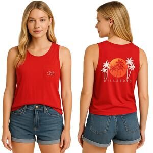 Billabong Women's XS Red Graphic Tank Top Sleeveless Palm Tree Wave Graphics